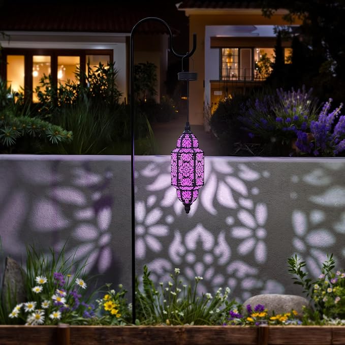 Twinkya Hanging Solar Lights Outdoor Garden Decorative Solar Lantern Waterproof Metal Moroccan Outdoor Decorations for Patio Pathway Yard Porch Backyard Garden Decor (Purple, 1 Pack)