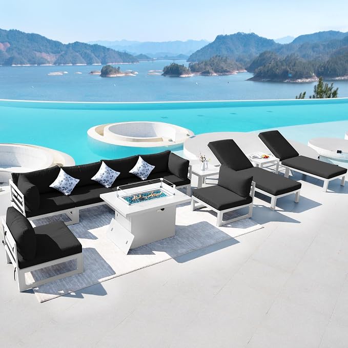 RADIATA 8 Seat Large Aluminum Patio Conversation Set with Lounge & Fire Pit Table, 29" Deep Wide Seat, High End Modular Sectional Seating, 500 lbs Heavy Duty Anti-Rust Outdoor Sofa for Poolside, Black