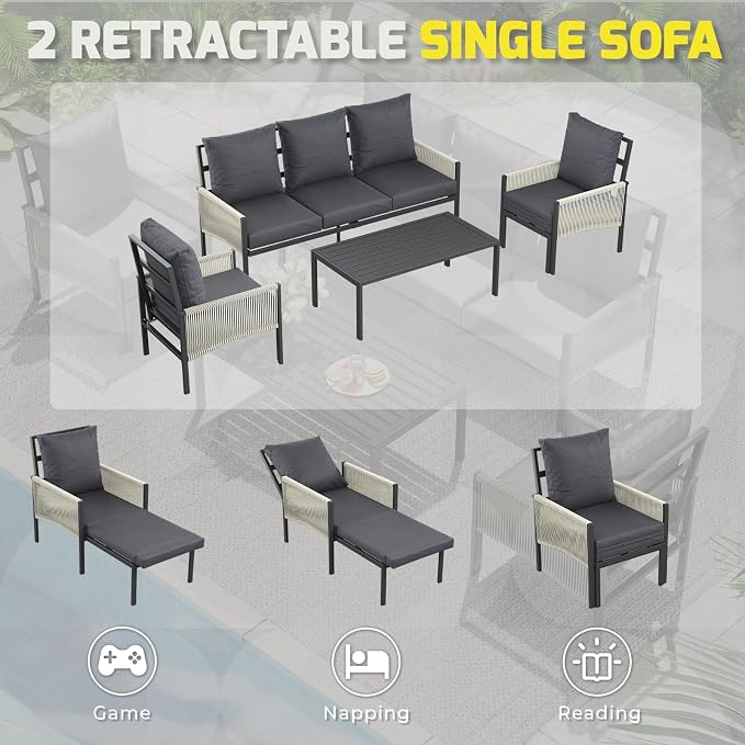 U-MAX Aluminum Patio Furniture Set 5 Seats Outdoor Sectional Couch with Coffee Central Table Patio Conversation Sets for Porch Deck (Dark Grey, with Retractable Single Sofa)