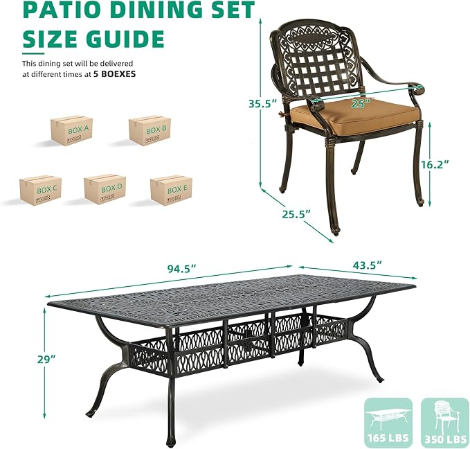 VIVIJASON 9-Piece Outdoor Dining Set, Cast Aluminum Retro Patio Furniture Table and Chairs Set for 8, Include Large 94.5" Rectangular Dining Table and 8 Chairs with Umbrella Hole, Khaki Cushion