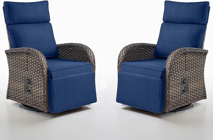Belord Swivel Outdoor Recliner Chair Set of 2 - Patio Reclining Chair with Adjustable Backrest and Footrest, All-Weather Wicker Chaise Lounge Chair Outdoor for Pool Deck Brown (Upgraded 2.0)