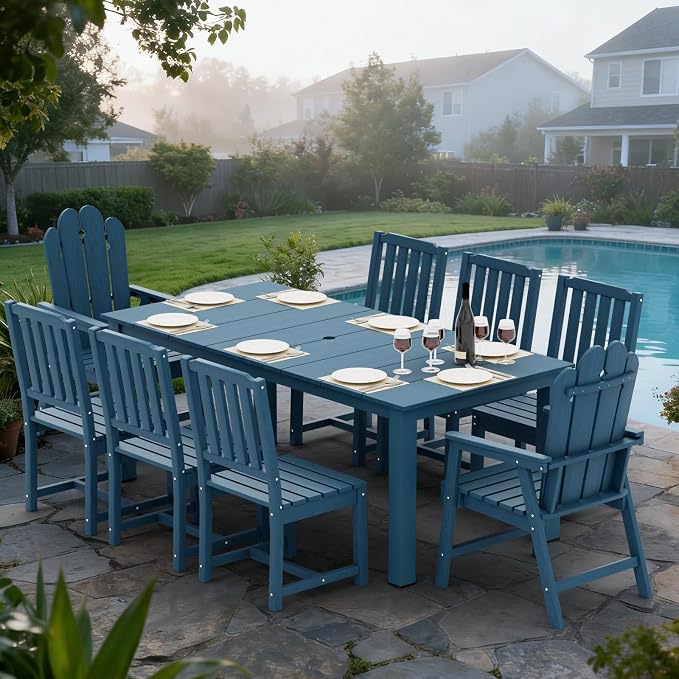 9 Piece HDPE Patio Dining Set for 8, Outdoor Furniture,Navy | 75.2” table,8 person outdoor table and chairs set, fade resistant HDPE, strong structure built for backyard entertaining