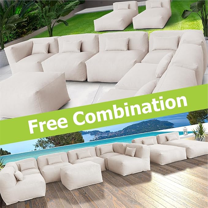 ANNYH Patio Eraclea 9PCS OUTDOOR Furniture Sectional Conversation Set - 2 Lounger 4Middle 2 Corner 1 Ottoman/Coffee-Expansion Foam Filling CHAIRS. UNIQUE Modular Contemporary Sofa (Light Beige)