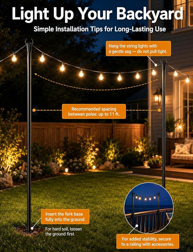 8 Pack String Light Poles for Outside with Ground Stakes and Fence Clips | Adjustable 7-section metal patio light poles for string lights and lanterns; for garden, patio, backyard and outdoor decor.