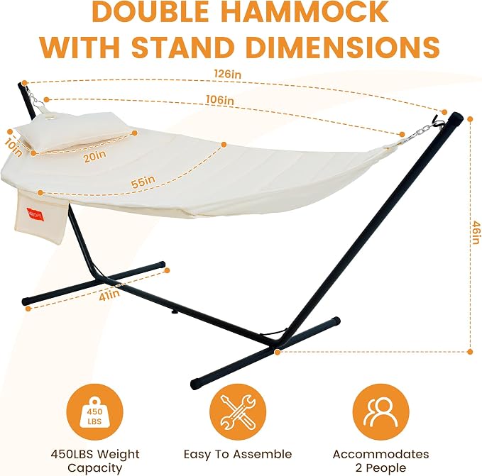 Lazy Daze Hammocks Hammock with Stand for Outside, Quilted Hammock with Detachable Pillow, Tool-Free Assembly, 450lb Capacity for Backyard, Patio, Natural