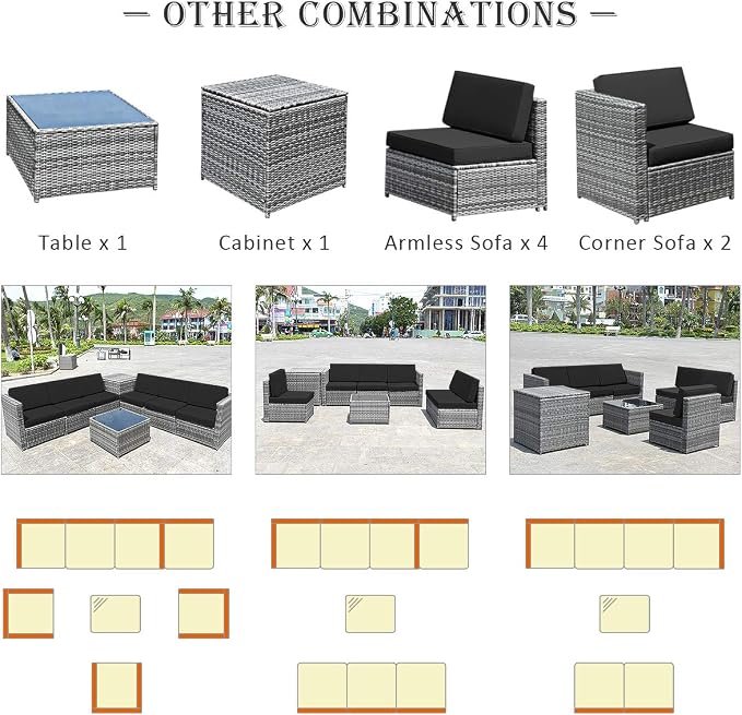 RELAX4LIFE 8-Piece Patio Furniture Set - PE Wicker Conversation Set w/Soft Cushions & Tempered Glass Storage Table, Outdoor Sectional Sofa Set for Garden, Poolside, Backyard (Black)
