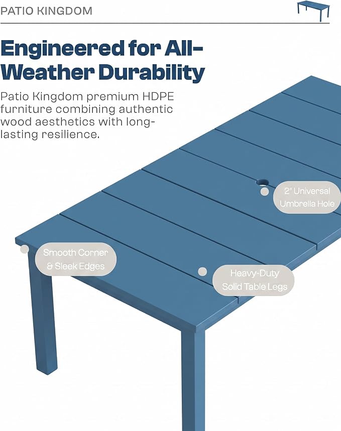75.2" HDPE Outdoor Dining Table for 4-6 People, Rectangular Patio Dining Table with Umbrella Hole, All Weather Patio Dining Outdoor Table for Deck, Backyard and Garden, Navy Blue