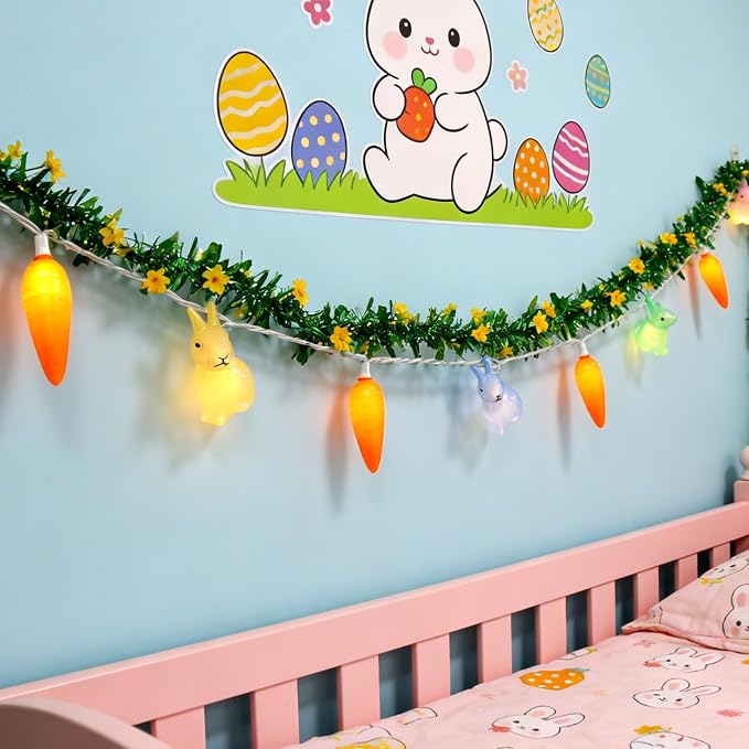 8.5Ft Easter Rabbit String Lights, 10L Plug in Pastel Easter Bunny Carrot Lights Connectable for Outdoor/Indoor Holiday Home Kits Classroom Bedroom Windows Tree Garden Spring Decoration