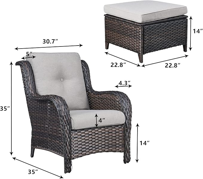 Rilyson Wicker Patio Furniture Set - 4 Piece Rattan Outdoor Sectional Conversation Sets with 2 Chairs and 2 Ottomans for Porch Deck Garden(Brown/Beige)
