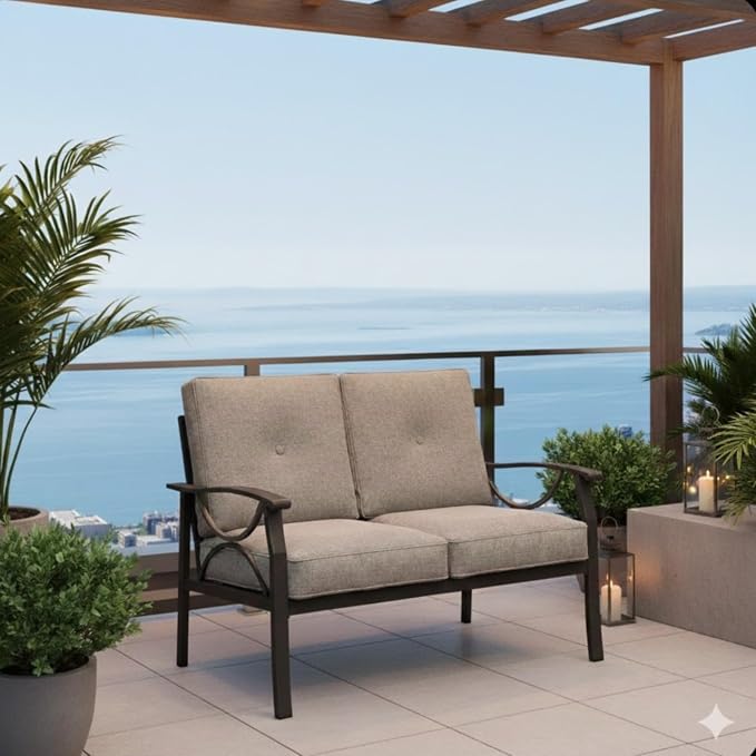 Hassyee 2 Pieces All-Weather Metal Outdoor Conversation Set with Coffee Table and Removable Cushions for Balcony, Patio Furniture Set with Modern Curved Design for Backyard, Lawn (Loveseat)