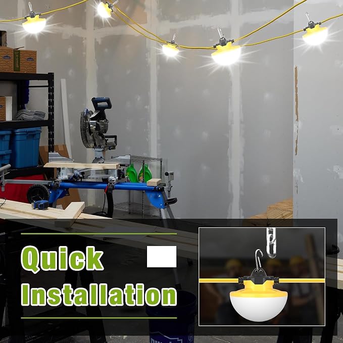 YXL 8000LM 65W Construction String Lights, 50FT Industrial String Work Lights, IP65 Waterproof Super Bright for Construction Sites Temporary Work Jobsites Outdoor Lighting