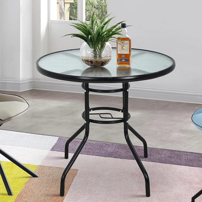 Outdoor Table Patio Table Dining Table with Tempered Glass Umbrella Hole for Lawn Balcony, Yard (Round)