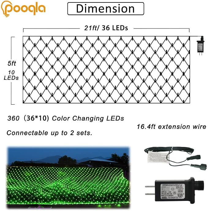 Pooqla Green Net Lights, 21x 5ft Halloween Bush Lights Outdoor Green Wire | 360 LED Large Net Mesh Lights Plug in, 8 Modes Waterproof Connectable Bushes Lights for Christmas Hedge Yard Decor