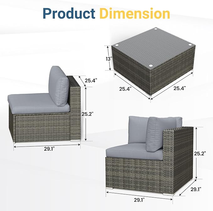 Wisteria Lane 7 Piece Outdoor Patio Furniture Set, All Weather Wicker Rattan Sectional Sofa Conversation Set with Cushions & Glass Coffee Table, Ideal for Garden Backyard Porch Balcony, Light Grey
