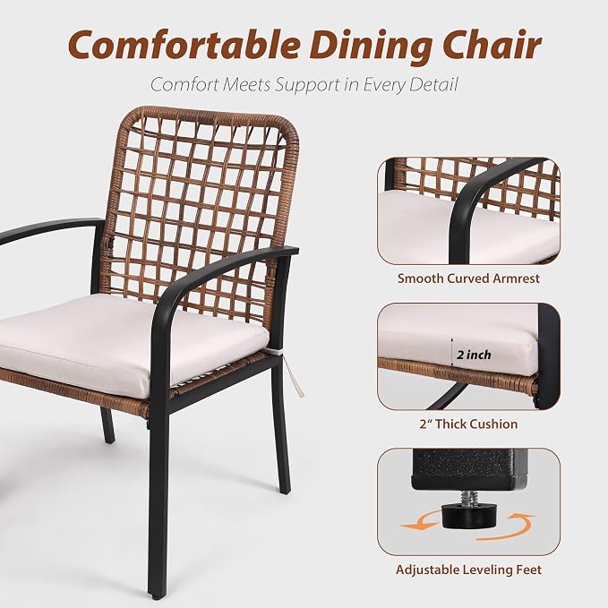 5 Pieces Patio Dining Set, Outdoor Dining Set with Handwoven Wicker Chairs & Wood Grain Table, Patio Table and Chairs Set with Cushions, Outdoor Table and Chairs for Garden
