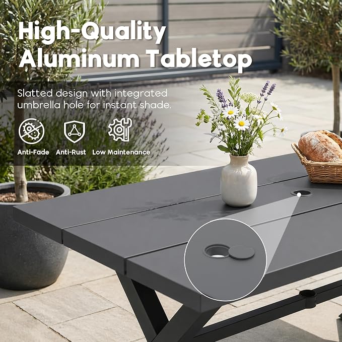 Patiorama 9-Piece Outdoor Patio Dining Set, Patio Dining Table Chair Set for 8, Patio Wicker Dining Furniture Set with 76'' Aluminum Rectangular Dining Table & Twisted Rattan Chairs for Garden, Grey