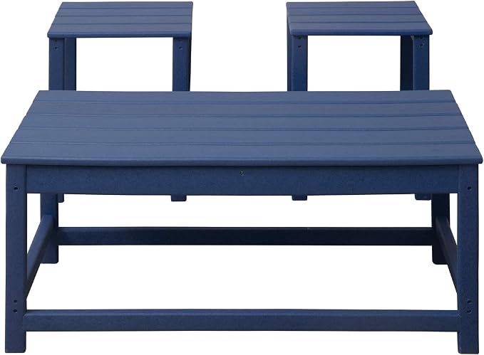 WO Home Furniture HDPE 2pcs Side and 1pc Coffee Table for Adirondack Chair, Weather and UV Resistant for Outdoor, Patio, Backyard, Porch, Garden, Navy Blue