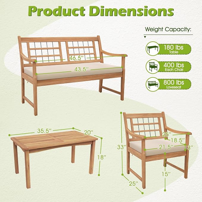 Tangkula 4 Piece Wood Patio Furniture Set, Outdoor Conversation Set w/Soft Seat Cushions, Solid Acacia Wood Frame, 2 Armchairs, Loveseat & Coffee Table Set for Backyard, Porch, Poolside (White)