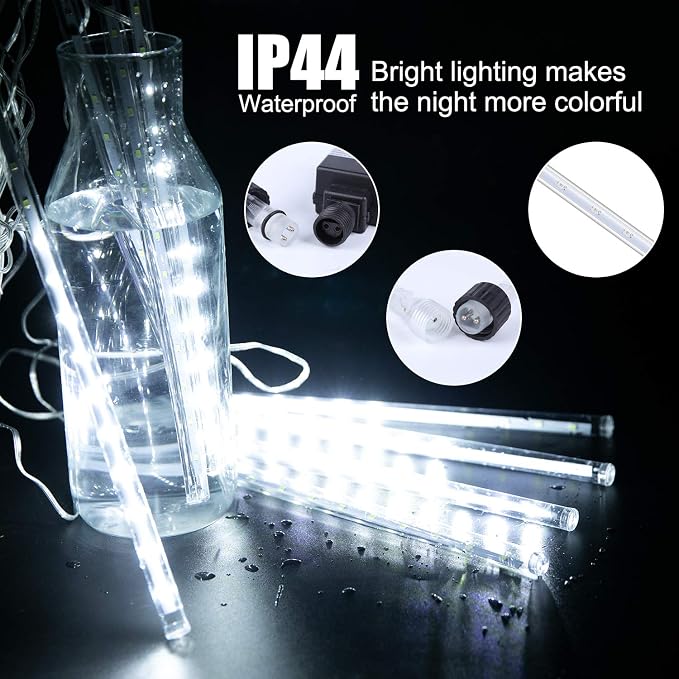 Meteor Shower Lights Outdoor, 11.8 Inches 8 Tubes 192 LED Snowfall Lights, Waterproof Meteor Christmas Light, Hanging Falling Rain Light for Tree Bushes Holiday Party Christmas Decoration, White
