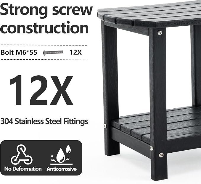 Adirondack Small Outdoor Side Table - Weatherproof HDPE Patio End Table with 2-Tier Storage for Firepit, Balcony, Garden, Poolside or Bathroom (Dark Black, Set of 1)