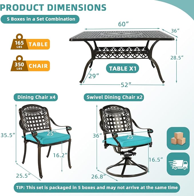 MEETWARM 7-Piece Outdoor Patio Dining Set, All-Weather Cast Aluminum Patio Conversation Set with 4 Stationary, 2 Swivel Rocker Chairs, 1 Rectangular Table, 6 Cushions, 2" Umbrella Hole, Ocean Blue