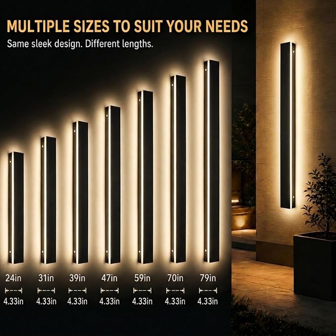 Modern Outdoor Wall Light 2pack 70in, 4.33in Width, Dimmable LED | 7200LM for Garage Front Door Porch, IP65 Waterproof Outdoor Sconce, Cover All Jbox, 3000K-6000K Adjustable, Matte Black