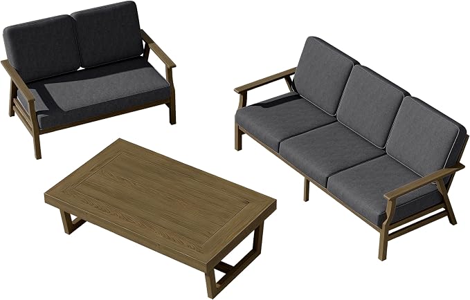 3 Pieces Patio Furniture Sets, Teak Wood Outdoor Sectional Furniture with Coffee Table, 5 Seats Patio Sofa Couch Conversation Set for Backyard Deck - Dark Gray