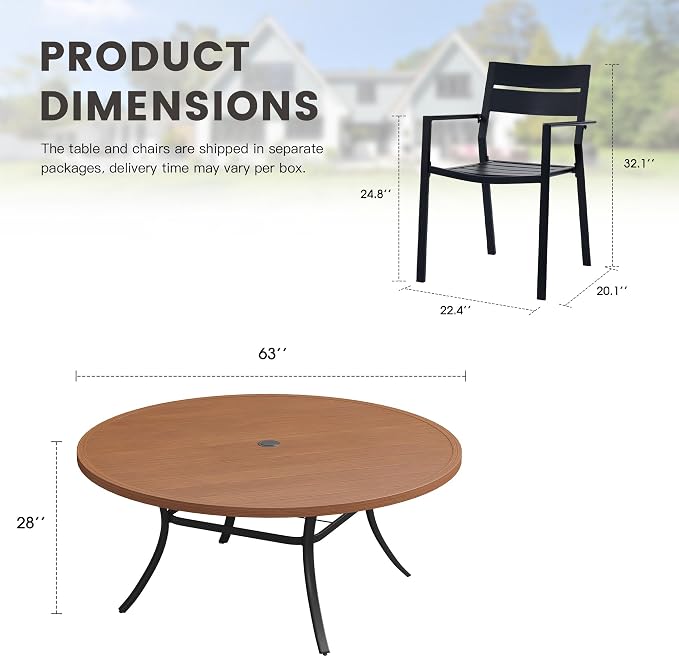 Patio Dining Set for 10, Round 63" Outdoor Dining Table and Chairs Set with Stackable Patio Chairs Outdoor Furniture for Garden Deck Backyard, Walnut Table and Black Chairs