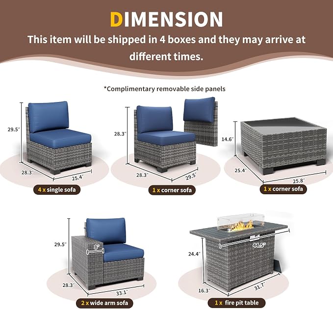 Patio Furniture with Fire Pit Table,8‘’ Wide armrest Outdoor Sectional Rattan Sofa Set, Wicker Patio Furniture Sets w/Coffee Table,Thick Cushions and Cover for Porch, Deck, 9 PC (Grey&Navy)