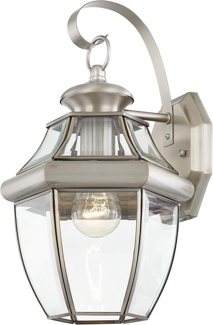 Livex Lighting 2151-91 Monterey 1 Light Outdoor Brushed Nickel Finish Solid Brass Wall Lantern with Clear Beveled Glass 13" x 8.5" x 8.25" | Dimensions: 13" x 8.5" x 8.25"; Clear Beveled Glass 13" x 8.5" x 8.25"; Solid brass construction