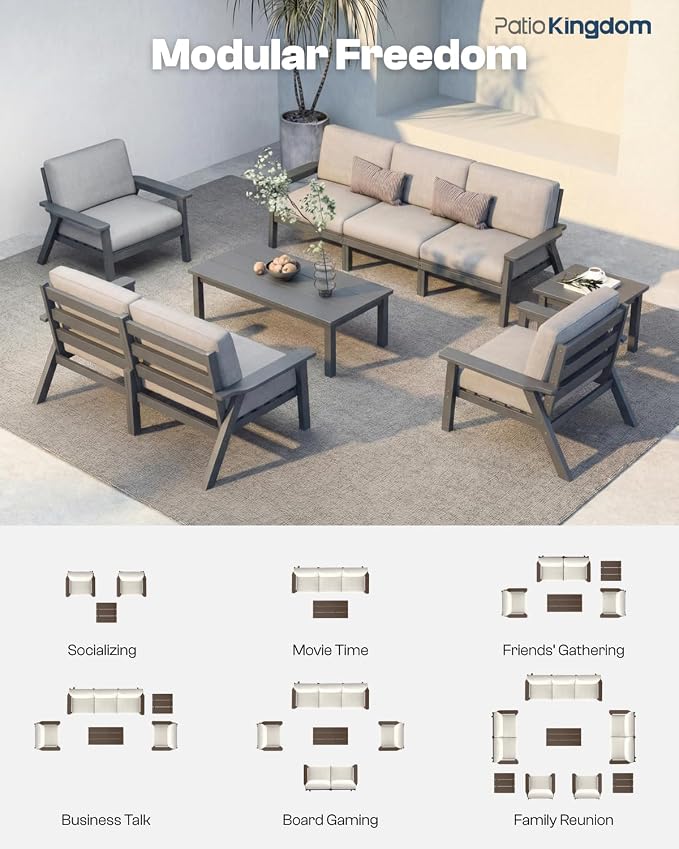 Patio Furniture Set 2 Seats, HDPE Outdoor Sectional with Gray Washable Thick Cushions, Coffee Table, Patio Conversation Sets for Lawn, Garden, Porch, Balcony, Deck (Grey Frame)