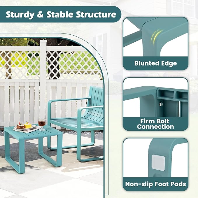 Tangkula 3-Piece Patio Furniture Set, Outdoor Conversation Set w/1 Loveseat & 2 Side Tables, All-Weather Patio Bistro Set for Lawn, Backyard, Poolside, Balcony, Garden, Deck, Blue