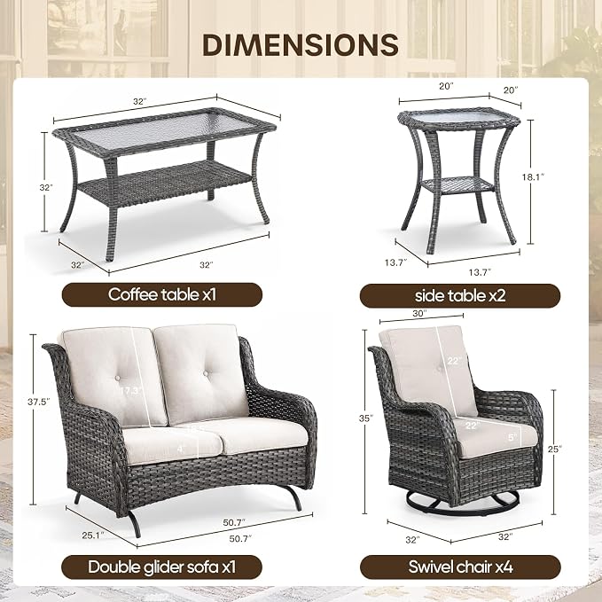 Patio Loveseat Glider Set, Resin Wicker Loveseat Glider with 2 Swivel Patio Chiars Coffee Table and Side Table, 5 Piece Patio Furniture Set Loveseat Set, Grey Wicker|Grey Cushions
