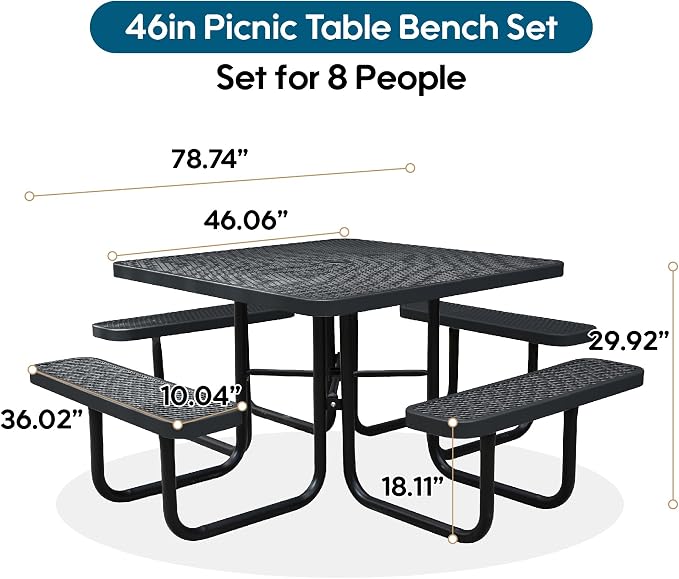 8-Person Picnic Tables for Outdoors, Industrial 46" Expanded Metal Square Picnic Table with 4 Benches & Umbrella Hole, Outside Table and Bench Set for Garden, Backyard, Porch, Patio, Black