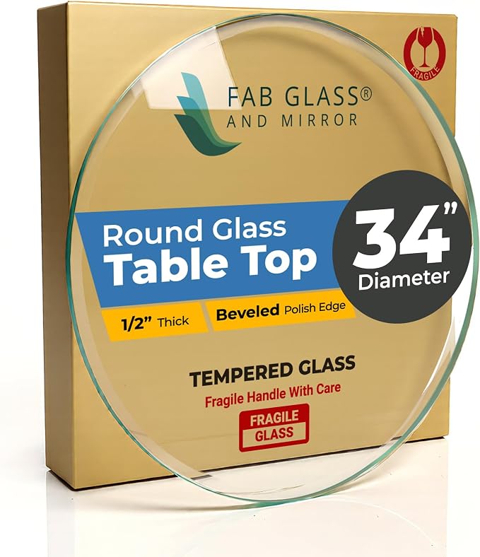 34" Inch Round Glass Table Top 1/2" Thick Tempered Beveled Edge by Fab Glass and Mirror