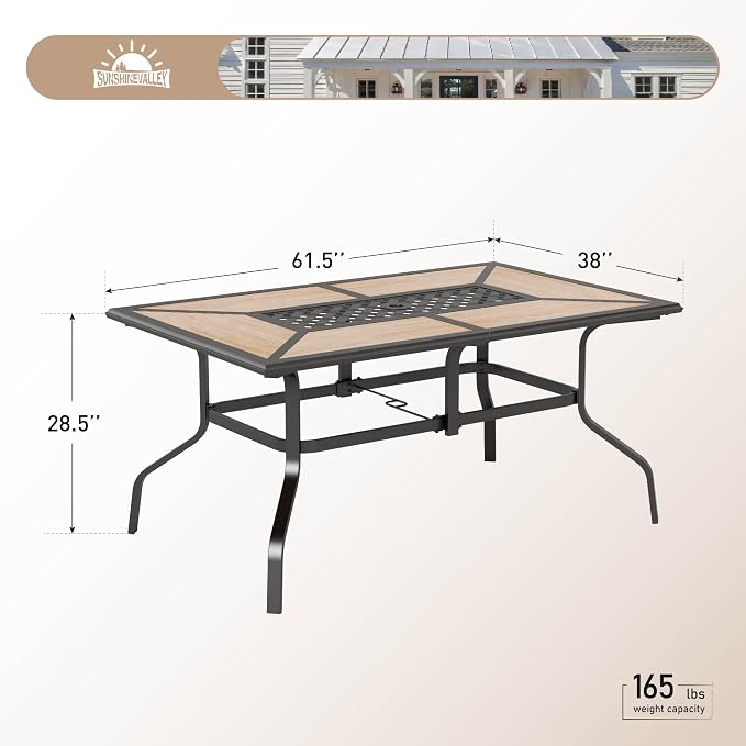 SUNSHINE VALLEY 61" Patio Dining Table for 6,Teak Color Rectangle Patio Table with Umbrella Hole,E-Coating and Powder Coating Steel Frame Metal Outdoor Patio Table for Garden Backyard Lawn Yard