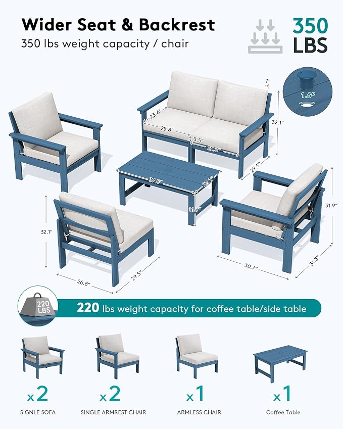 SERWALL HDPE Outdoor Patio Furniture Set with Coffee Table