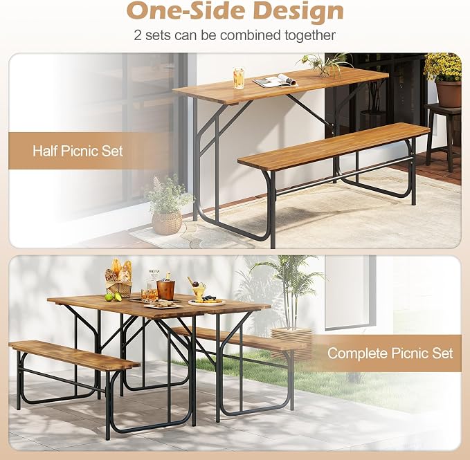 Tangkula Patio Dining Bench Set for 2, Heavy-Duty Outdoor Acacia Wood Dining Furniture with Metal Legs for Balcony, Backyard, Poolside, Garden (1,52” x 32” x 29.5”)