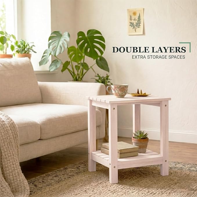 Premium 2-Tier Eucalyptus Wood Side Table with Slatted Storage Shelf, 13" x 16" x 17.5", Wooden Accent Table for Living Room, Entryway or Bedside (Whitewash)