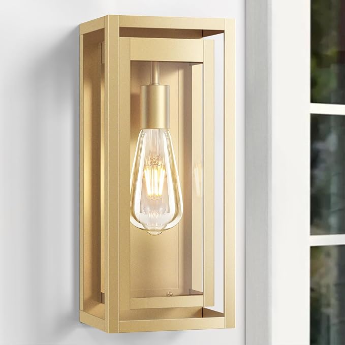 15" Large Gold Outdoor Light Fixture Wall Mount, Waterproof Outdoor Sconces, Modern Wall Lights with Clear Glass Shade for Front Door, Porch, Garage, 1 Pack