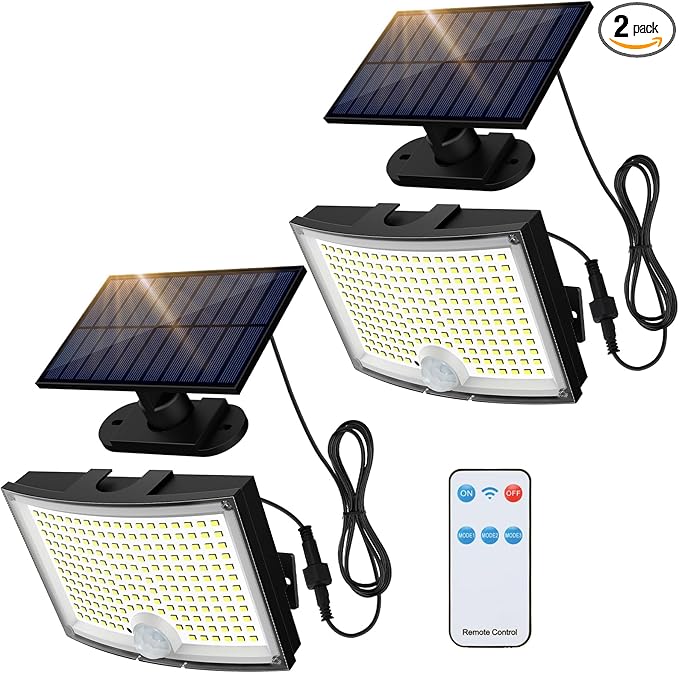 Adiding Solar Outdoor Lights 2Pack, 202 LED Flood Lights with 16.4 ft Cable | Remote Control Solar Motion Sensor Outdoor Lights, 3 Modes Solar Powered Security Lights for Outside Patio Yard Garage Garden