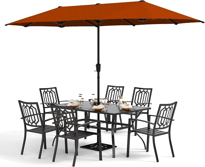 PHI VILLA 8 PCS Patio Dining Set w/ 13ft Patio Umbrella(Orange Red) | Metal Outdoor Dining Set - 6 x Outdoor Stackable Chairs, 1x 60"x38"Rectangle Dining Table and 1 Umbrella