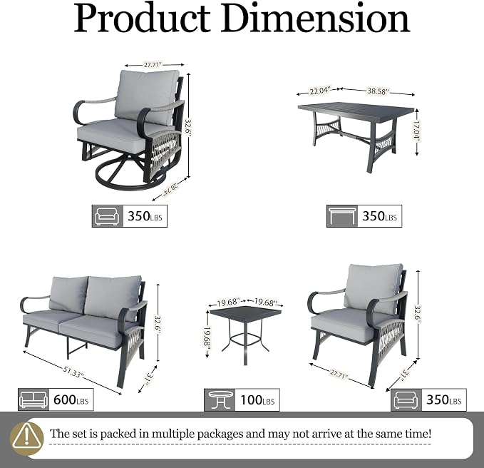 7 Pieces Patio Conversation Sets, All-Weather Metal Swivel Rocking Chairs with Rope Furniture Set, Outdoor Sofa Couch for Deck, Porch, Garden, Backyard, Poolside (Gray Cushions)