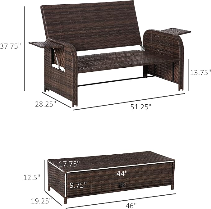 Outsunny Patio Rattan Daybed with Cushions, Wicker Outdoor Bed Lounger w/Loveseat, Storage Ottoman, Coffee & Side Tables, for Poolside, Porch, Backyard, Beige