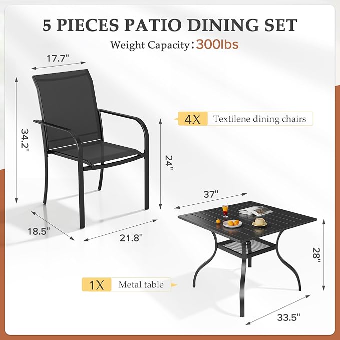 Incbruce 5 Pieces Patio Dining Set, Outdoor Dining Set of 4 Textilene Chairs and Square Table with Umbrella Hole for Backyard, Garden, and Poolside (Black)