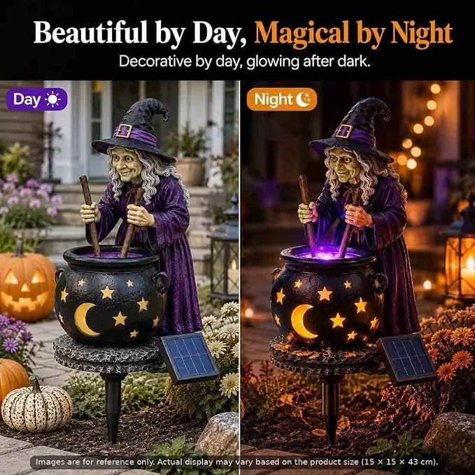 Solar Witch & Glowing Cauldron Halloween Garden Light ，1pc | Solar-powered Halloween Solar Light with glowing cauldron, automatic dusk lighting for garden, porch and pathway décor.