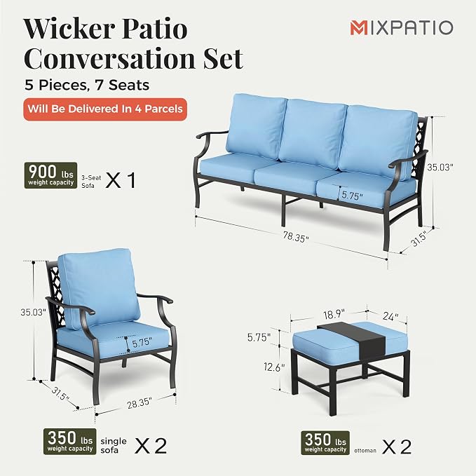 MIXPATIO Patio Furniture Set 5 pcs, Outdoor Patio Furniture, 3-Seat Sofa, 2 Single Chairs, 2 Ottomans and 5.75" Extra Thick Cushion, Patio Conversation Set for Garden Backyard Deck,Blue