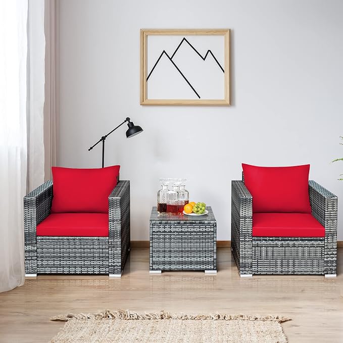 COSTWAY 3-Piece Patio Furniture Set, Outdoor Wicker Rattan Sofa with Cushions and Coffee Table, Conversation Chair Set for Poolside Backyard Balcony Lawn (Red)