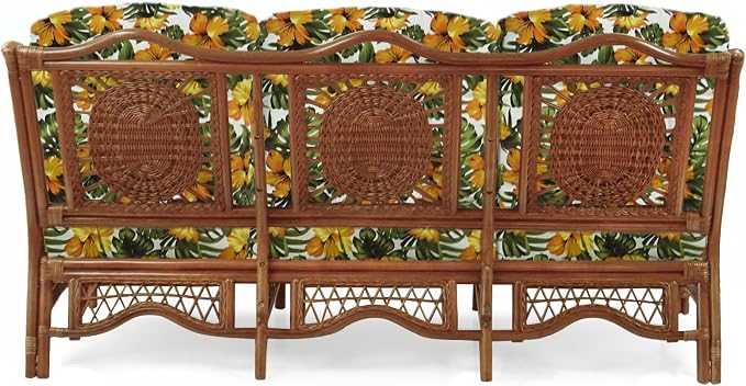 Malibu Lounge Set of 4: 2 Natural Rattan Wicker Chairs, Three-Seater Sofa with Cushions and Coffee Table with Glass Handmade, Colonial Color