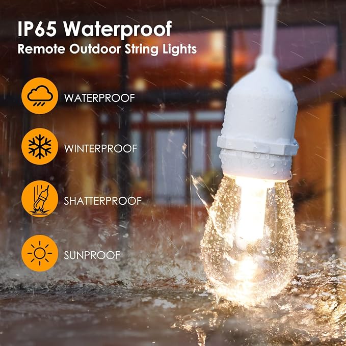 3 Colors 48FT Outdoor String Lights with Remote, 3 Modes, White | Plug in, Jump/Fade/Static Modes, 2700K/4000K/5000K, 15 S14 Bulbs, Waterproof, Dimmable, for Wedding Birthday Party Decor